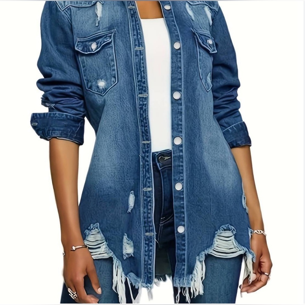 LOVE TREE DISTRESSED DENIM CLASSIC BLUE JACKET/SHIRT-RAW HEM